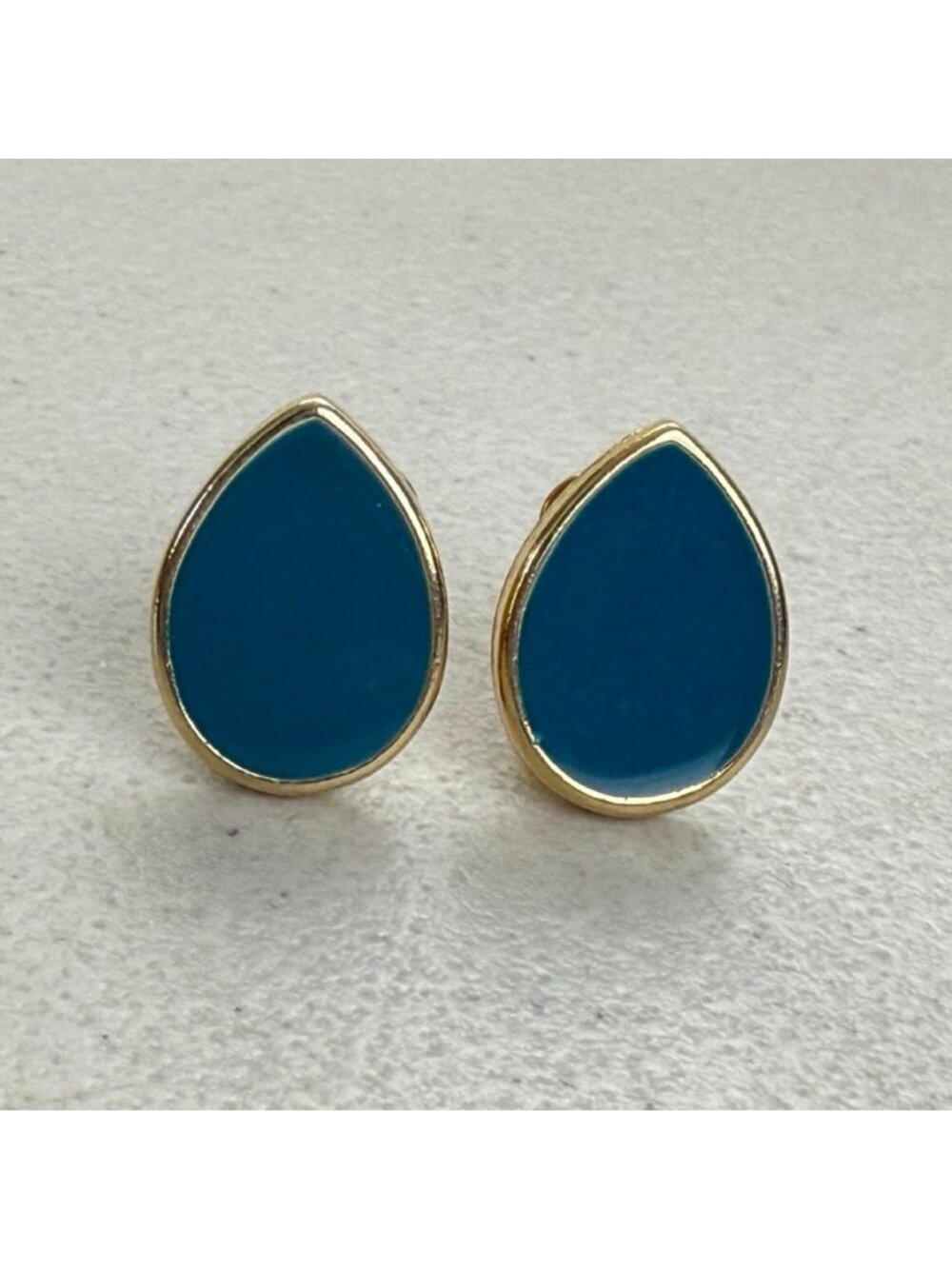 Vintage Teal Enamel Teardrop Earrings 80s Allison Reed Gold Tone Metal Clip Ons
